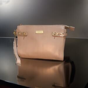 Bebe Brown Leather Clutch Purse Wristlet With Gold Hardware